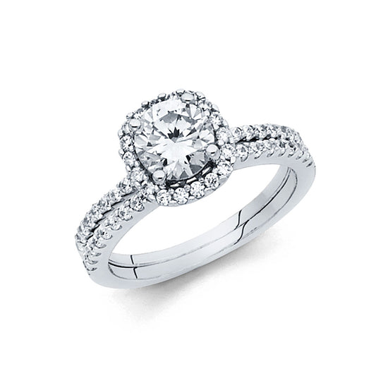 14K White Gold Round Halo CZ 2-Piece Wedding Band Set