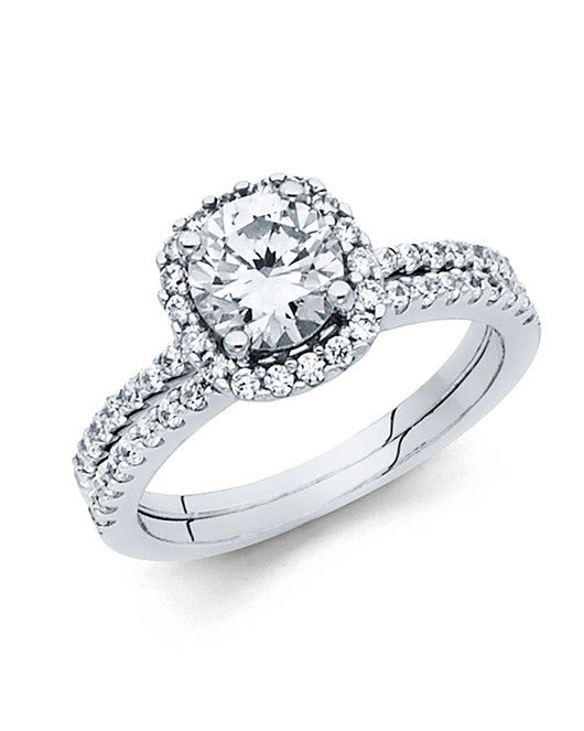 14K White Gold Round Halo CZ 2-Piece Wedding Band Set