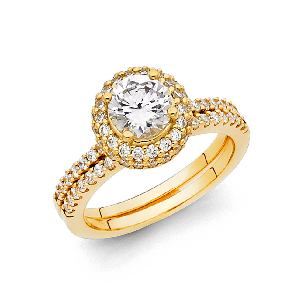 14K Yellow Gold Round Double Halo CZ 2-Piece Wedding Band Set