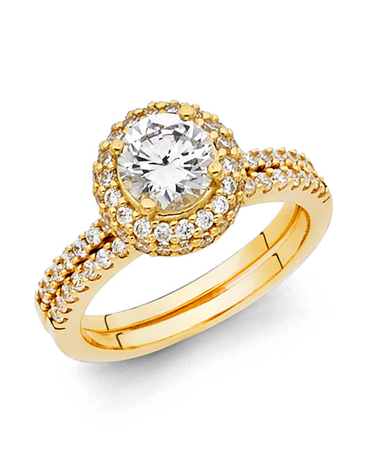 14K Yellow Gold Round Double Halo CZ 2-Piece Wedding Band Set