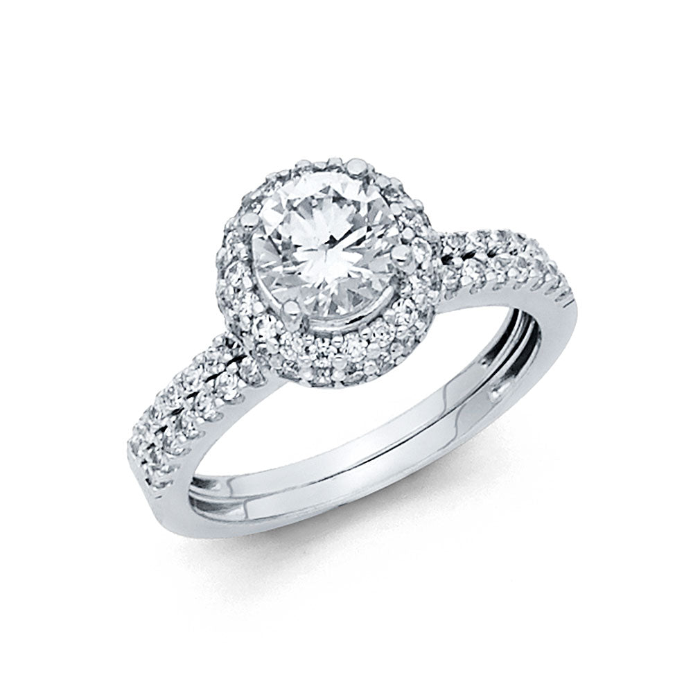14K White Gold Round Double Halo CZ 2-Piece Wedding Band Set
