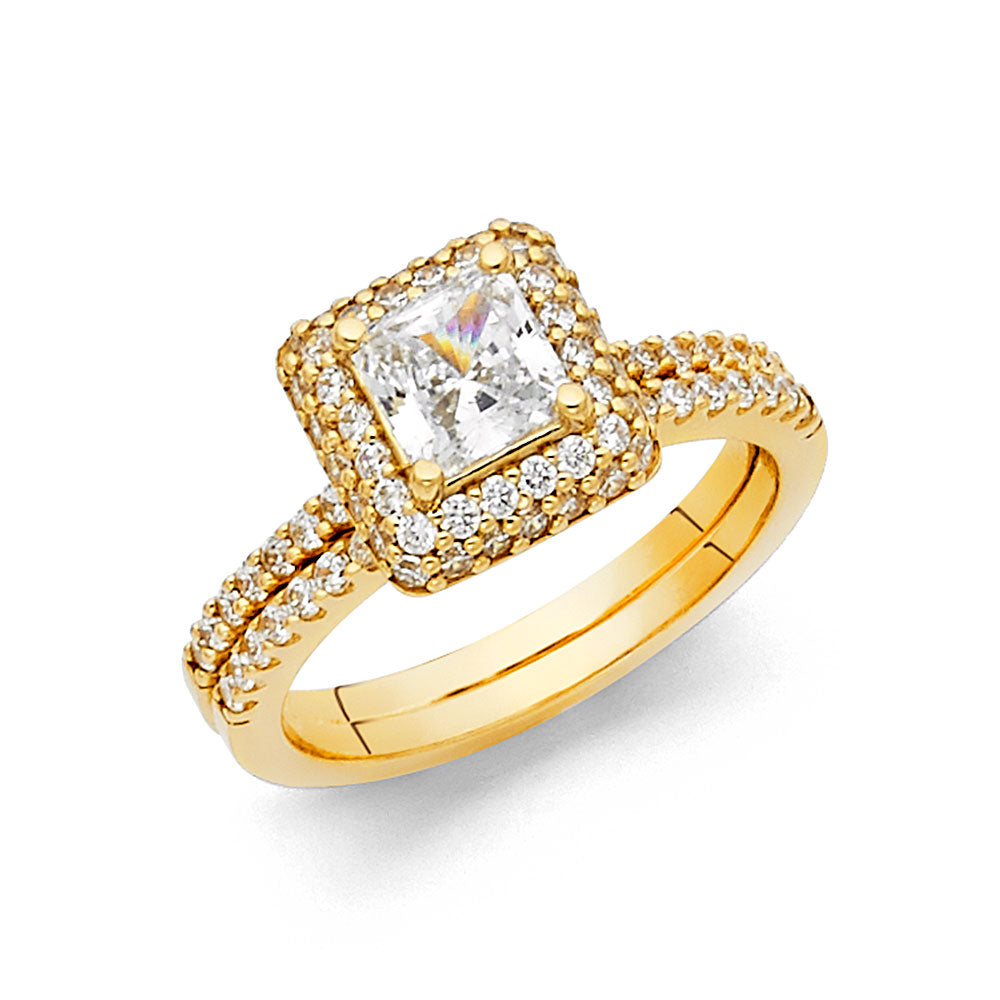 14K Yellow Gold Princess Cut Halo CZ 2-Piece Wedding Band Set