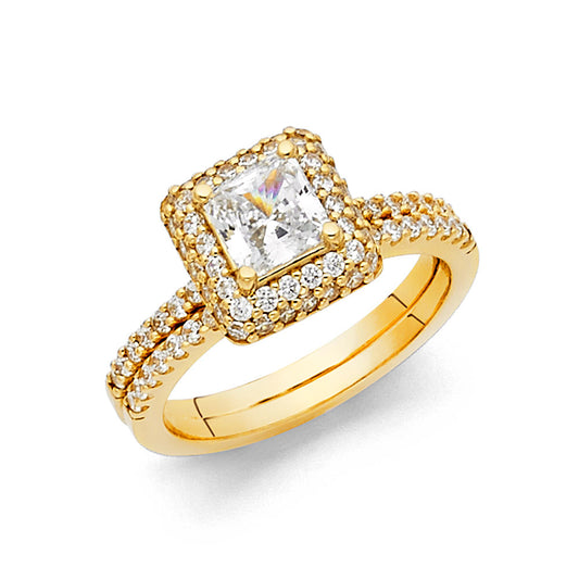 14K Yellow Gold Princess Cut Halo CZ 2-Piece Wedding Band Set