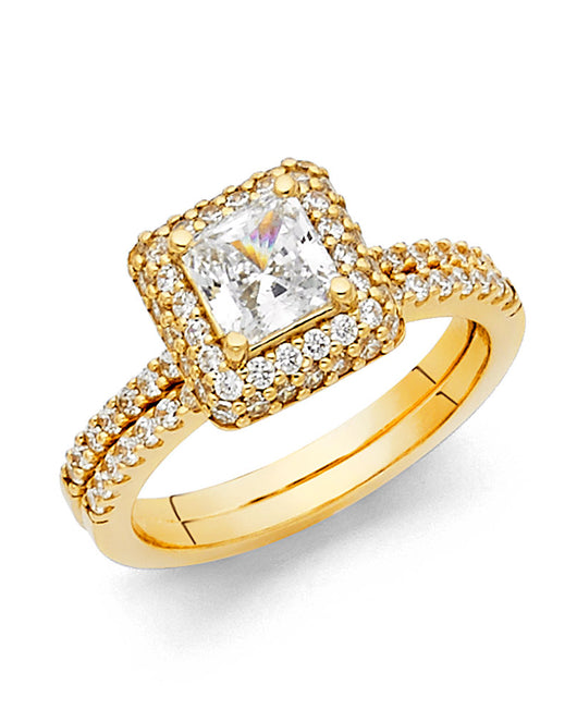 14K Yellow Gold Princess Cut Halo CZ 2-Piece Wedding Band Set