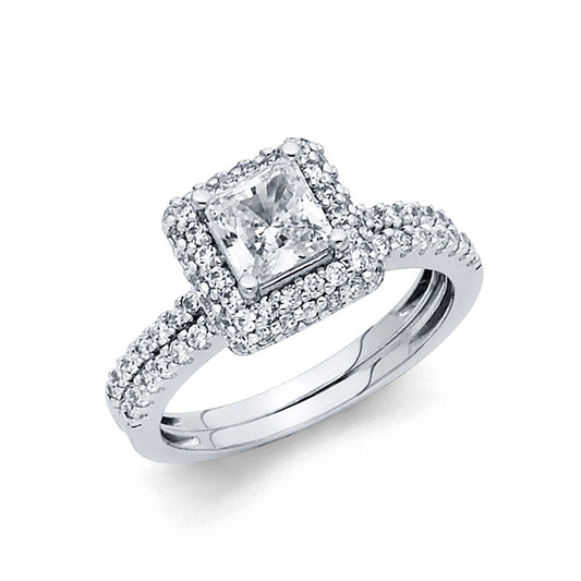 14K White Gold Princess Cut Halo CZ 2-Piece Wedding Band Set