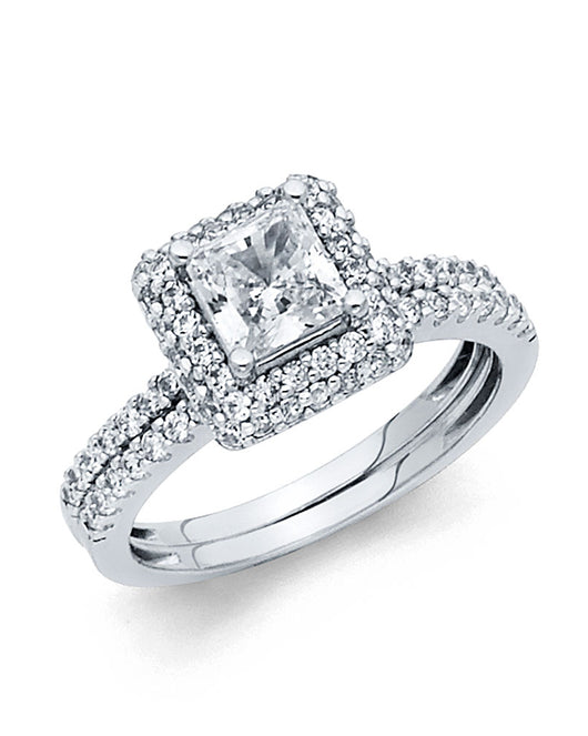 14K White Gold Princess Cut Halo CZ 2-Piece Wedding Band Set