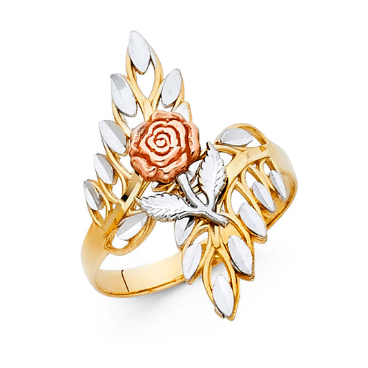 14K Tri-Color Gold Rose Filigree Design Ring