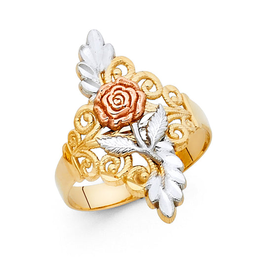 14K Tri-Color Gold Rose Filigree Design Ring