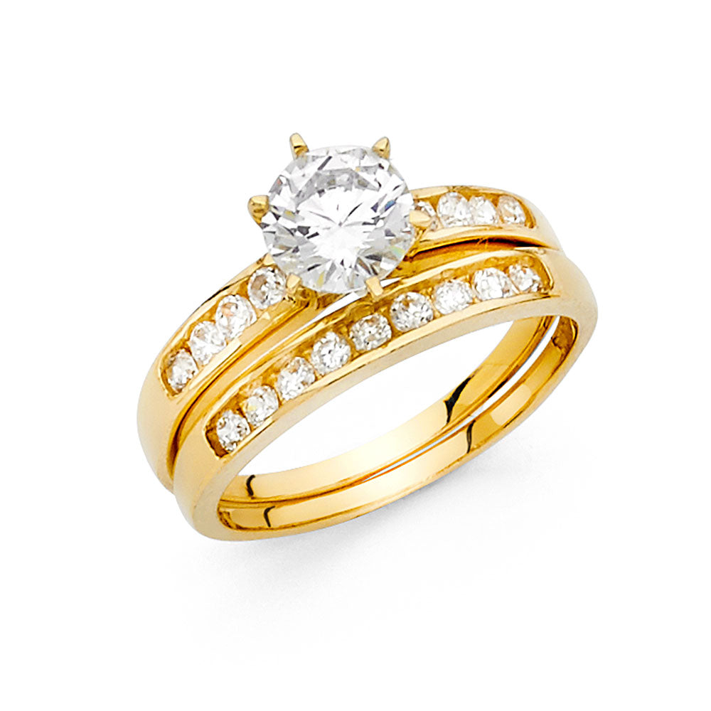 14K Yellow Gold Women’s 2-Piece Solitaire Design CZ Ring Set with Channel-Set Side CZ