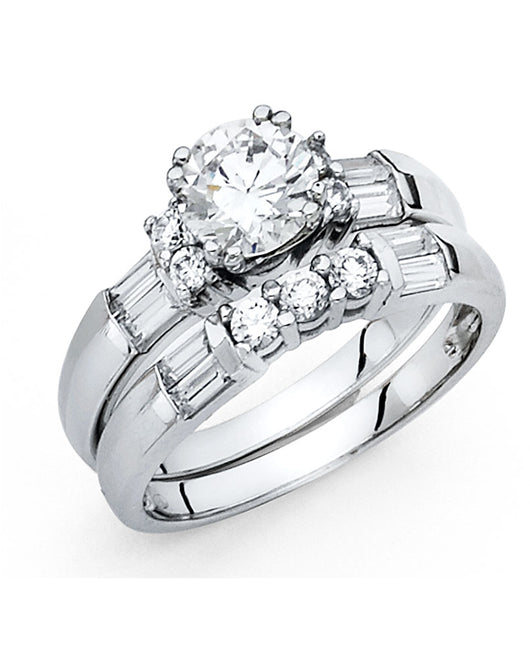 14K White Gold Round Center CZ with Baguette Accents 2-Piece Wedding Band Set