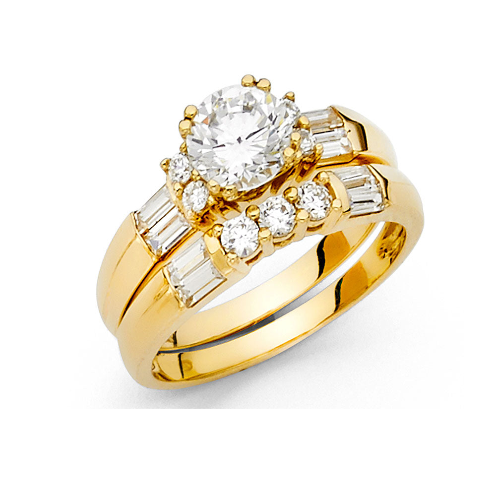 14K Yellow Gold Round Center CZ with Baguette Accents 2-Piece Wedding Band Set