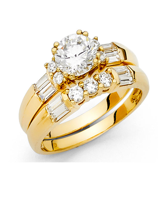 14K Yellow Gold Round Center CZ with Baguette Accents 2-Piece Wedding Band Set