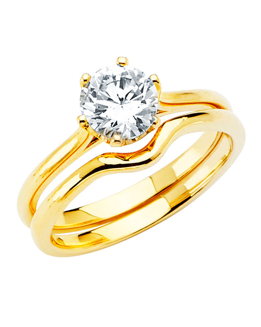 14K Yellow Gold Round Solitaire CZ Bypass 2-Piece Wedding Band Set