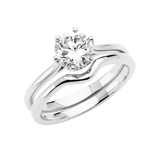 14K White Gold Round Solitaire CZ Bypass 2-Piece Wedding Band Set