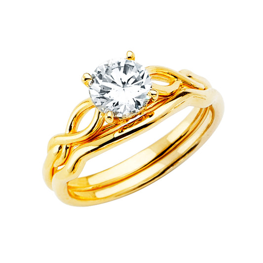14K Yellow Gold Round Solitaire CZ Intertwined 2-Piece Wedding Band Set