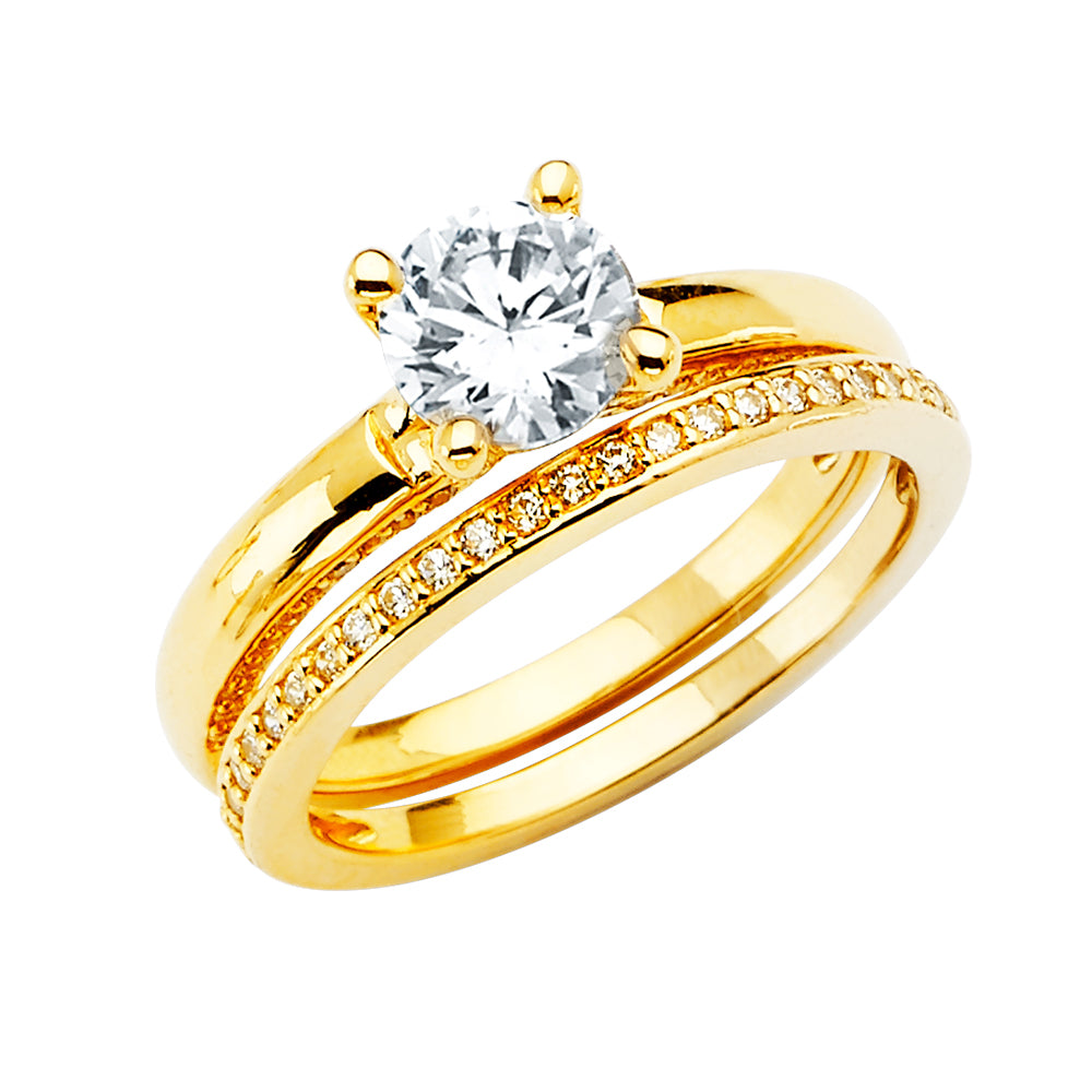14K Yellow Gold 2-Piece 14K Wedding Band Set Round Center CZ with Channel CZ Accents