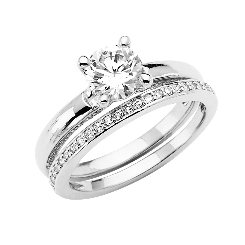 14K White Gold 2-Piece 14K Wedding Band Set Round Center CZ with Channel CZ Accents