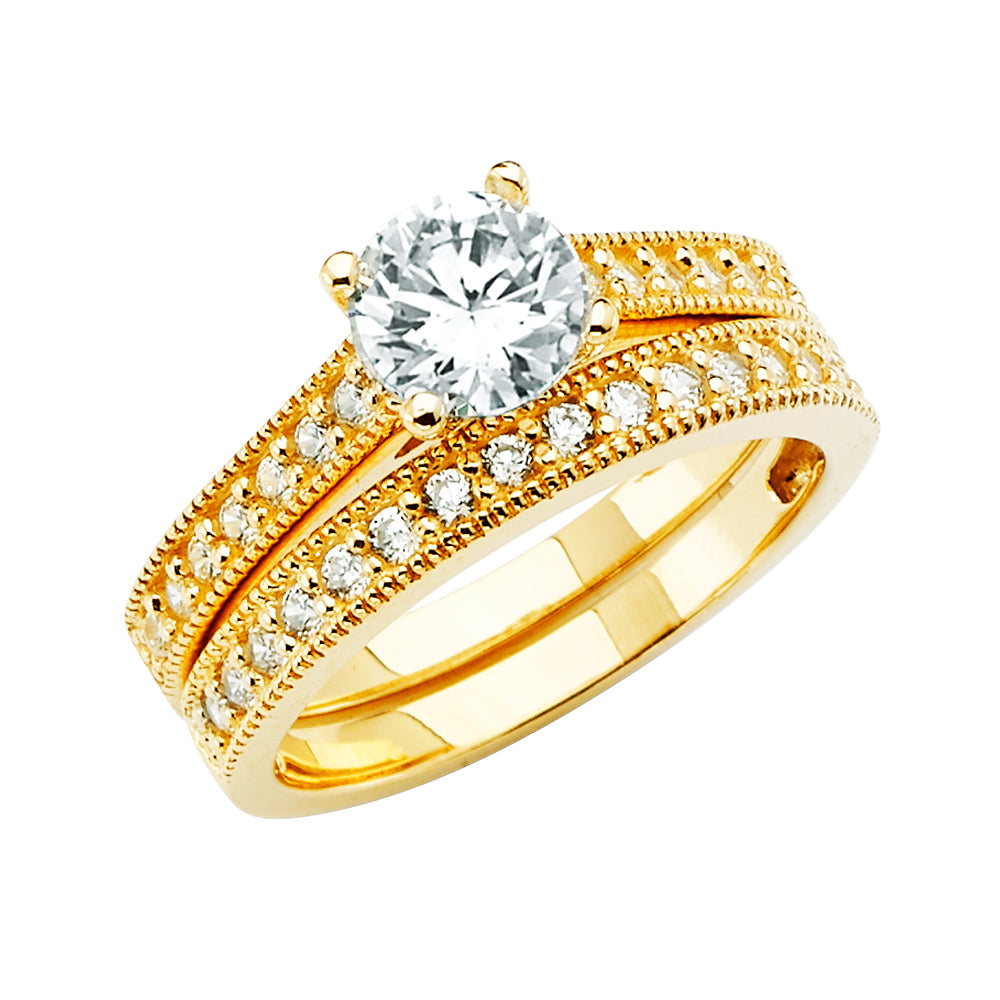 14K Yellow Gold 2-Piece 14K Wedding Band Set Round Center CZ with Pave Accents