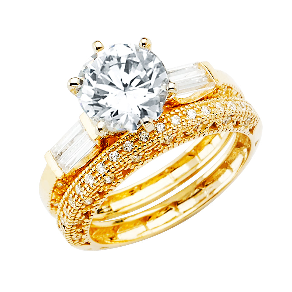 14K Yellow Gold Women’s Solitaire Design Round CZ Ring with Matching CZ Wedding Band