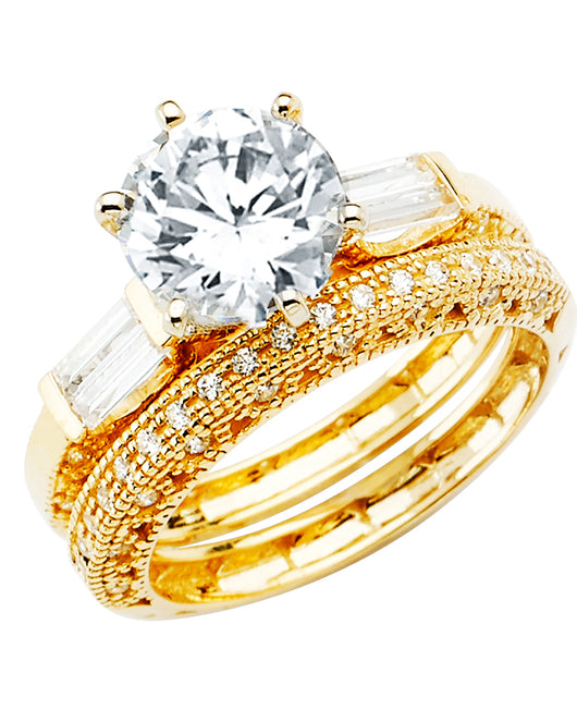 14K Yellow Gold Women’s Solitaire Design Round CZ Ring with Matching CZ Wedding Band