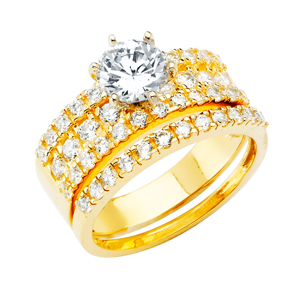 14K Yellow Gold Women’s Solitaire Design Round CZ Ring with Matching CZ Wedding Band