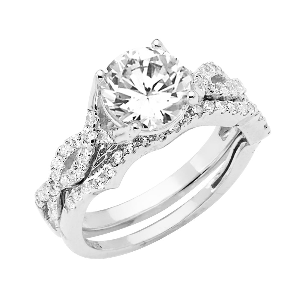 14K White Gold 2-Piece 14K Wedding Band Set Round Center CZ with Filigree and CZ Accents