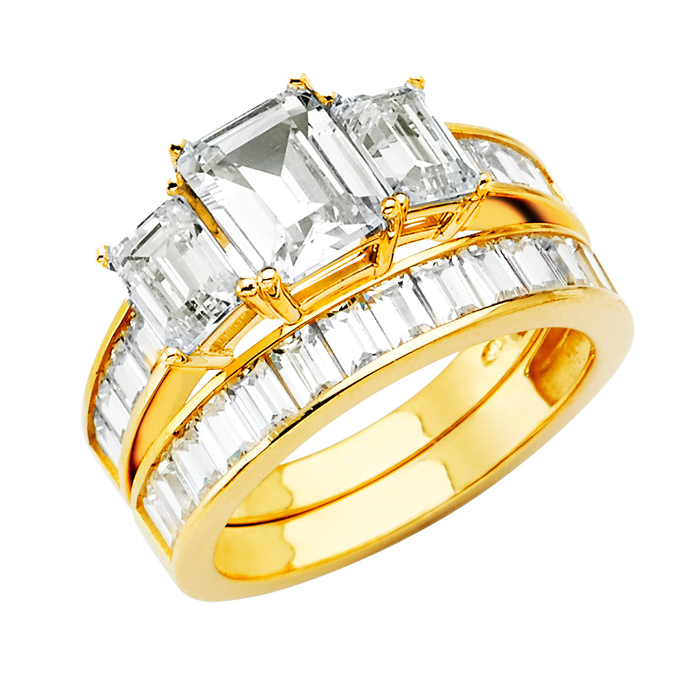 14K Yellow Gold 2-Piece 14K Wedding Band Set with Emerald Cut CZ and Baguette CZ Accents
