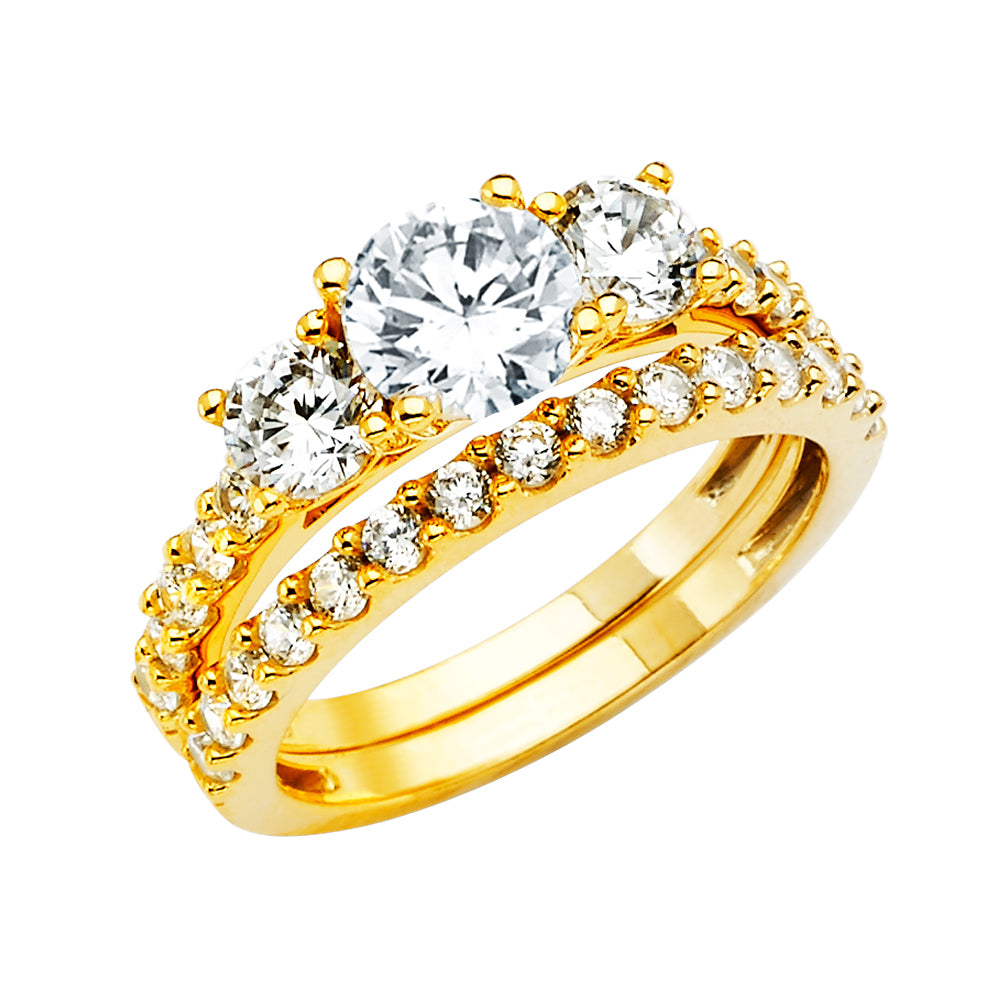 14K Yellow Gold 2-Piece 14K Wedding Band Set with Three Round CZ Center Stones
