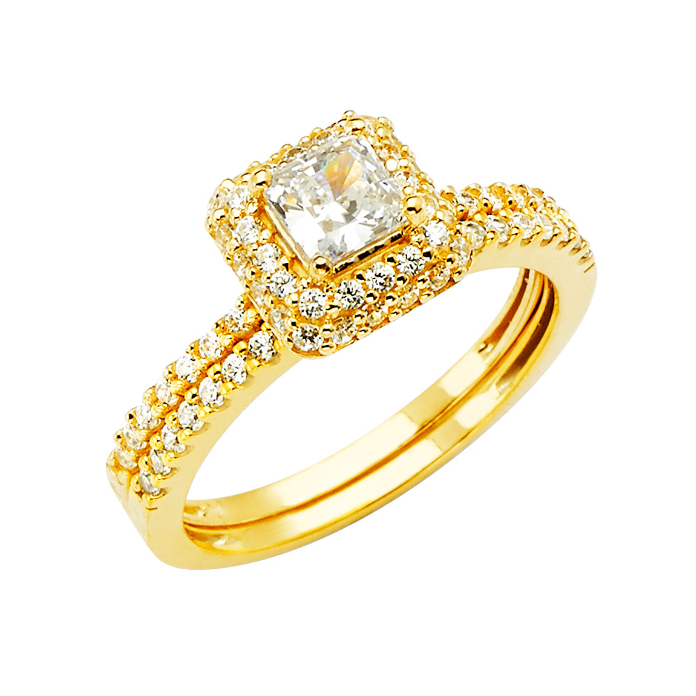 14K Yellow Gold Princess Cut Halo CZ 2-Piece Wedding Band Set