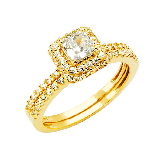 14K Yellow Gold Princess Cut Halo CZ 2-Piece Wedding Band Set