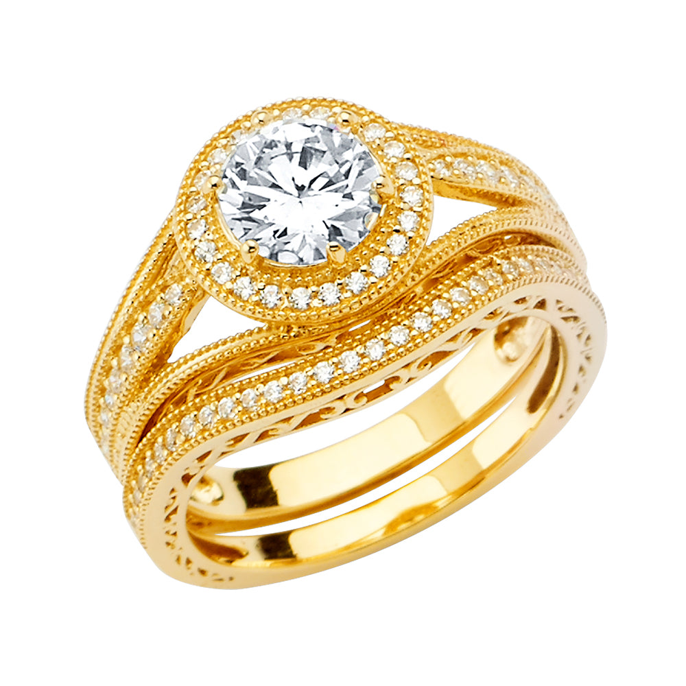 14K Yellow Gold Filigree Design 2-Piece 14K Wedding Band Set Halo CZ
