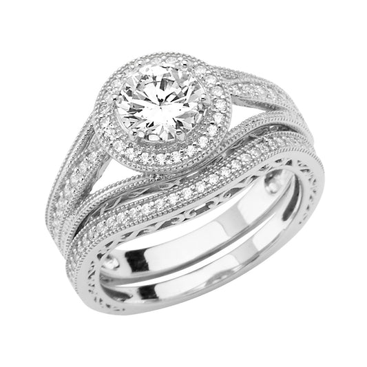 14K White Gold Filigree Design 2-Piece 14K Wedding Band Set Halo CZ