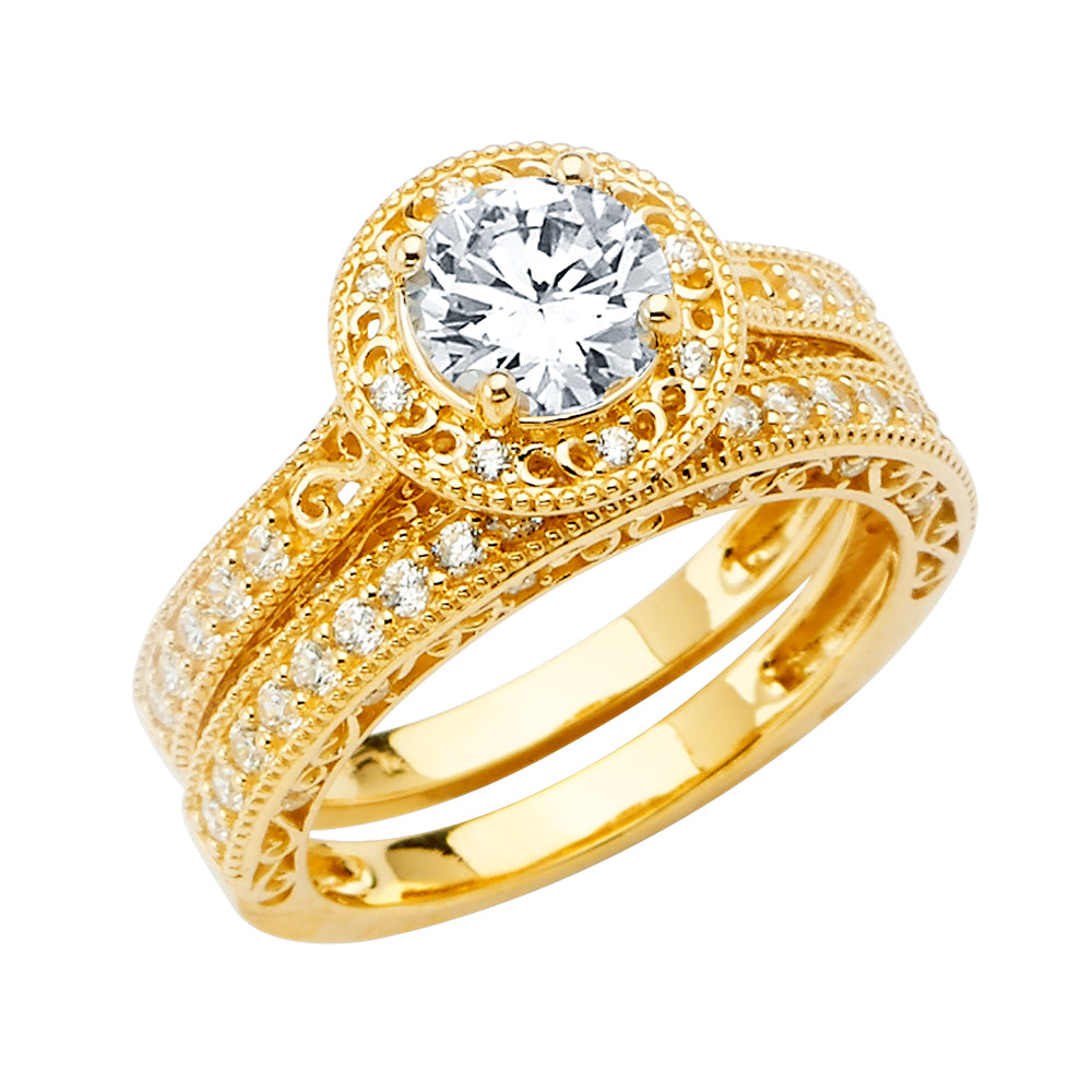 14K Yellow Gold Filigree Design 2-Piece 14K Wedding Band Set Halo CZ