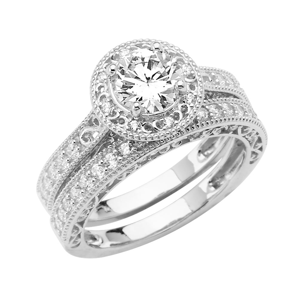 14K White Gold Filigree Design 2-Piece 14K Wedding Band Set Halo CZ