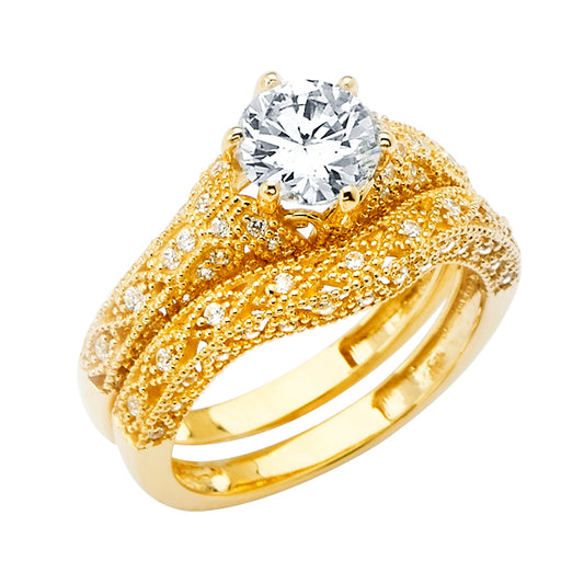 14K Yellow Gold Women’s Solitaire Design Round CZ Ring with Matching CZ Wedding Band
