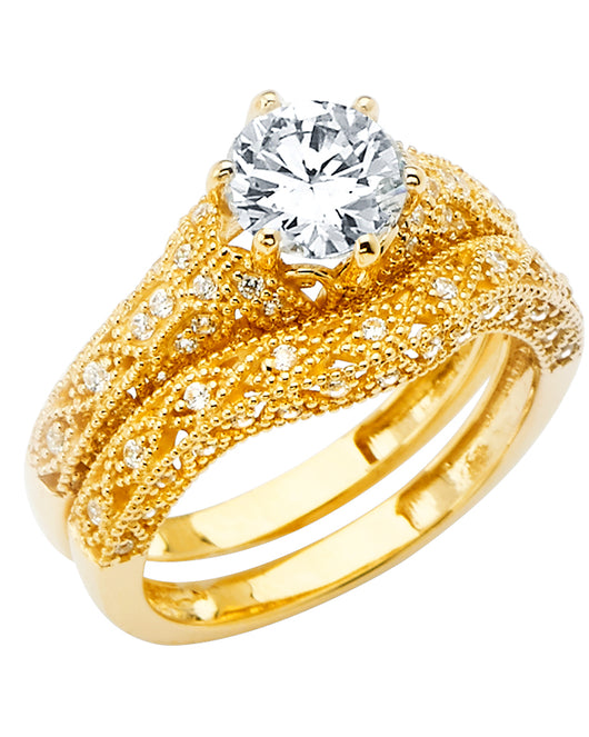 14K Yellow Gold Women’s Solitaire Design Round CZ Ring with Matching CZ Wedding Band