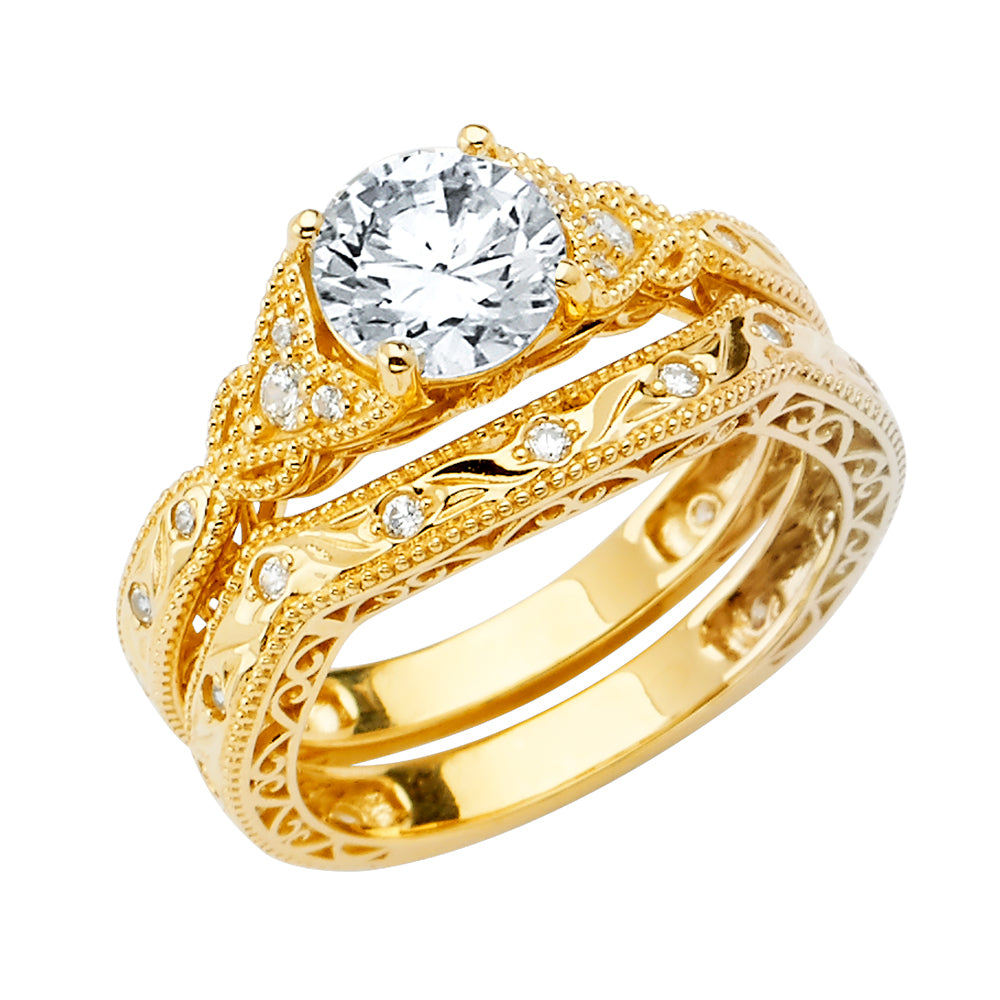 14K Yellow Gold Women’s Solitaire Design Round CZ Ring with Matching CZ Wedding Band