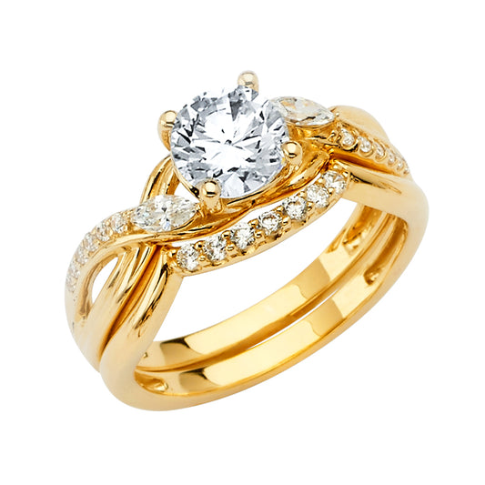 14K Yellow Gold 2-Piece 14K Wedding Band Set Round Center CZ with Twist Design and CZ Accents