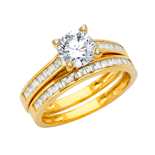 14K Yellow Gold Women’s Solitaire Design Round CZ Ring with Matching Wedding Band and Channel-Set CZ