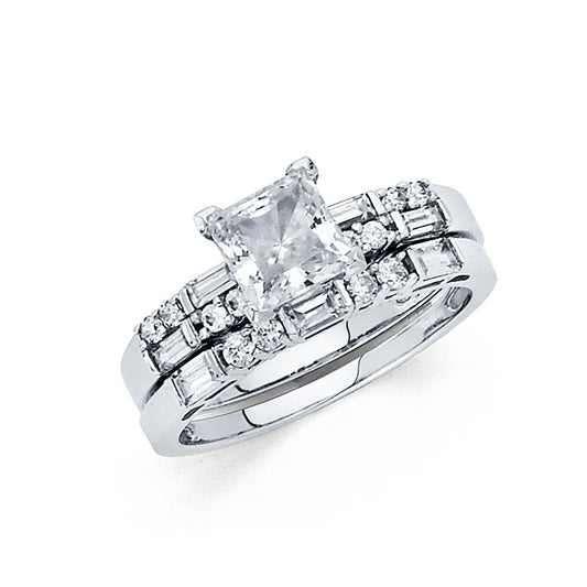 14K White Gold Women’s 2-Piece Solitaire Design Princess Cut CZ Ring Set