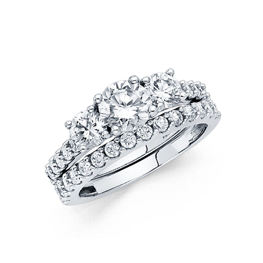 14K White Gold 2-Piece 14K Wedding Band Set with Three Round CZ Center Stones