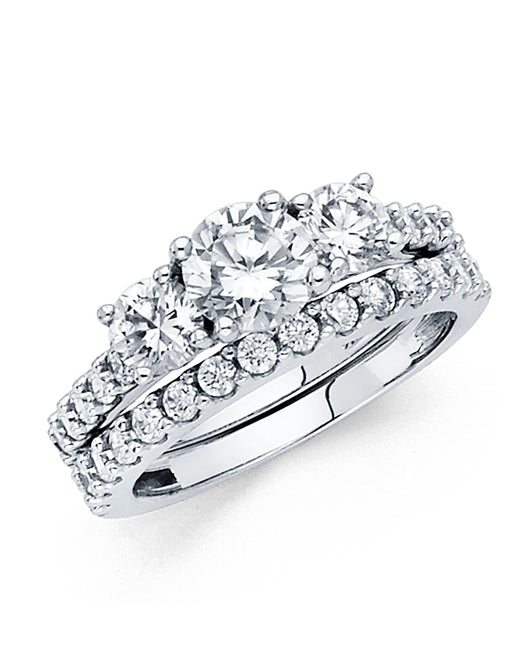 14K White Gold 2-Piece 14K Wedding Band Set with Three Round CZ Center Stones
