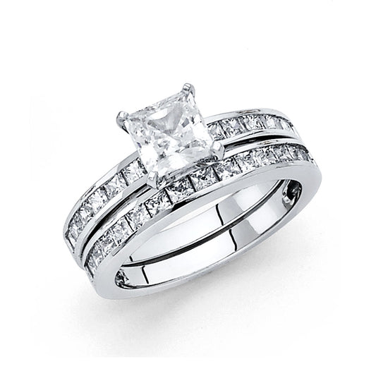14K White Gold Women’s Solitaire Design Princess Cut CZ Ring with Matching Wedding Band