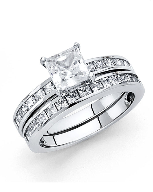 14K White Gold Women’s Solitaire Design Princess Cut CZ Ring with Matching Wedding Band