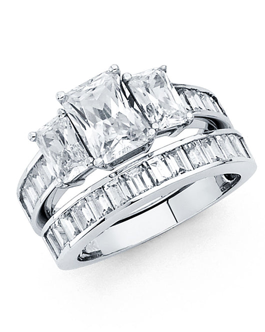 14K White Gold 2-Piece 14K Wedding Band Set with Emerald Cut CZ and Baguette CZ Accents