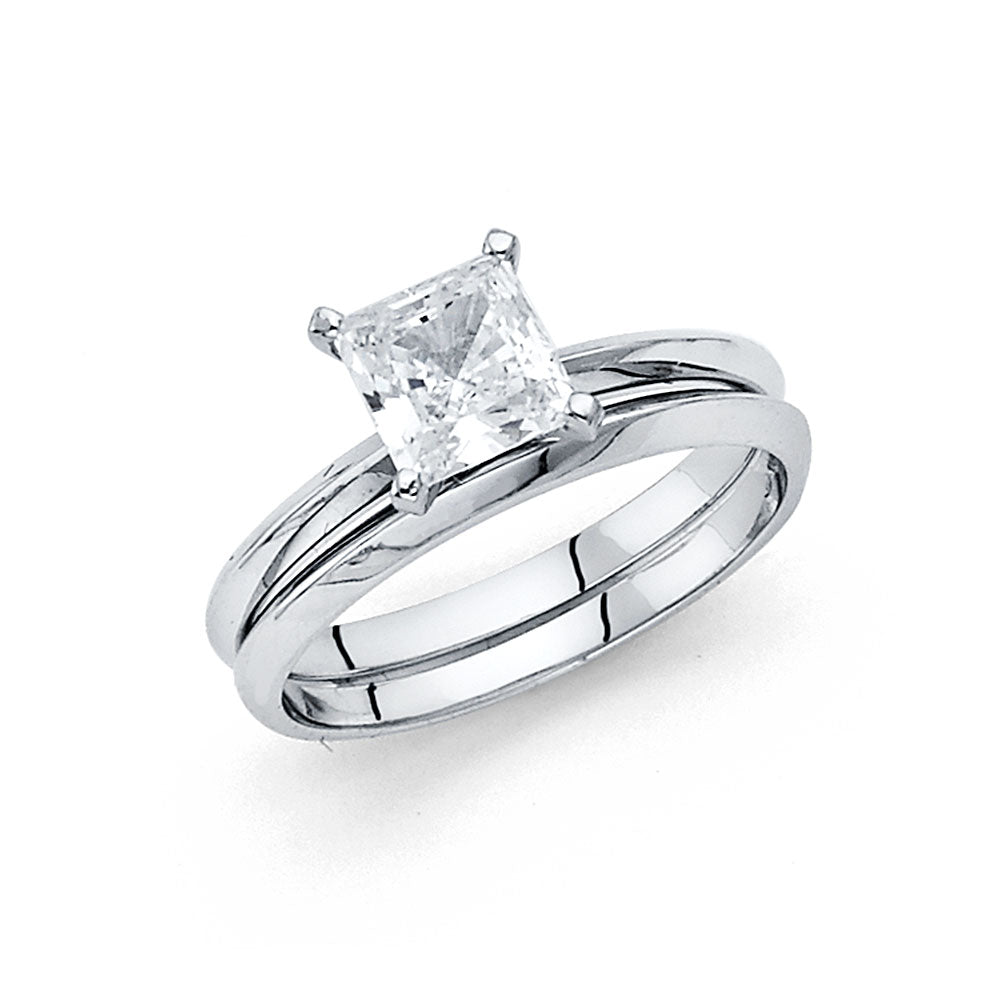 14K White Gold Women’s Solitaire Design Princess Cut CZ Ring with Plain Wedding Band