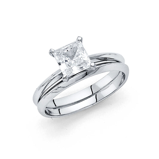 14K White Gold Women’s Solitaire Design Princess Cut CZ Ring with Plain Wedding Band