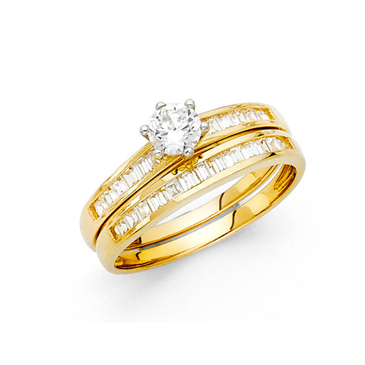 14K Yellow Gold Women’s Solitaire Design Round CZ Ring with Matching Wedding Band and Channel-Set CZ