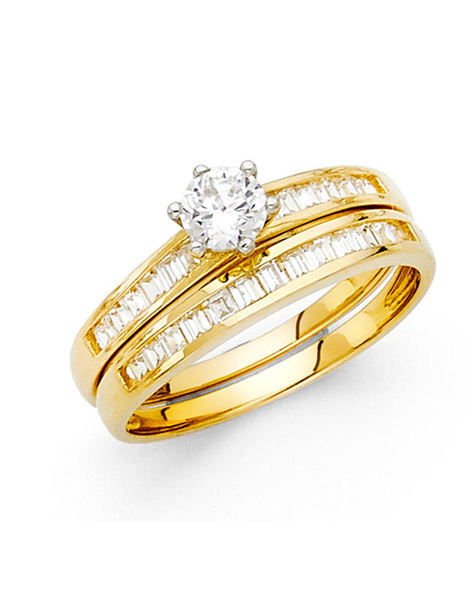 14K Yellow Gold Women’s Solitaire Design Round CZ Ring with Matching Wedding Band and Channel-Set CZ