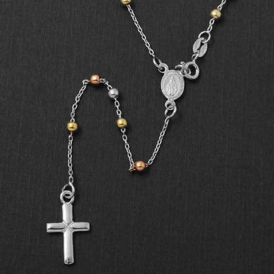 925 Sterling Silver High Polished 3 Toned Rosary 3mm Large Cross